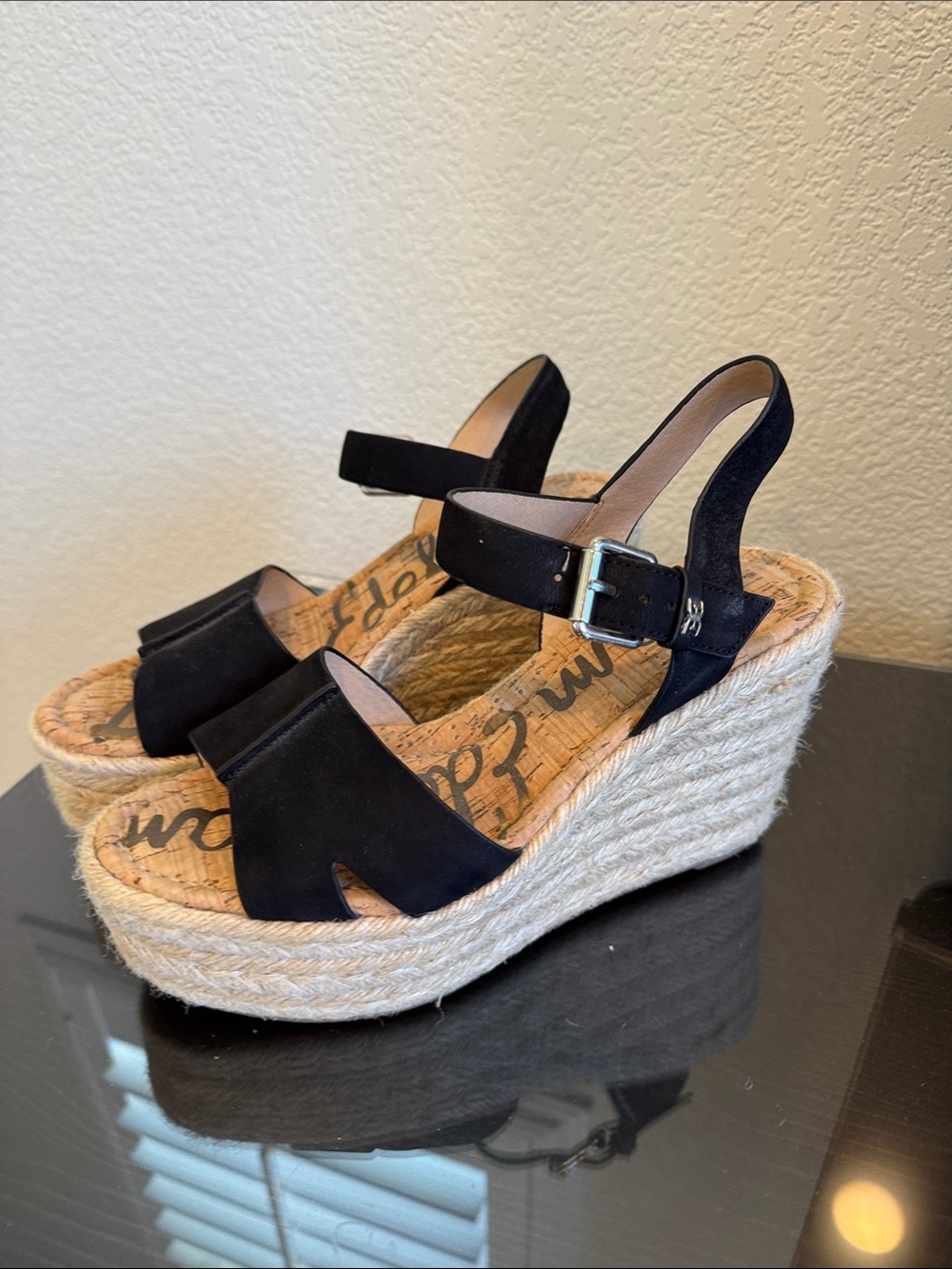 Sam Edelman Black Suede Espadrille Platform Wedges